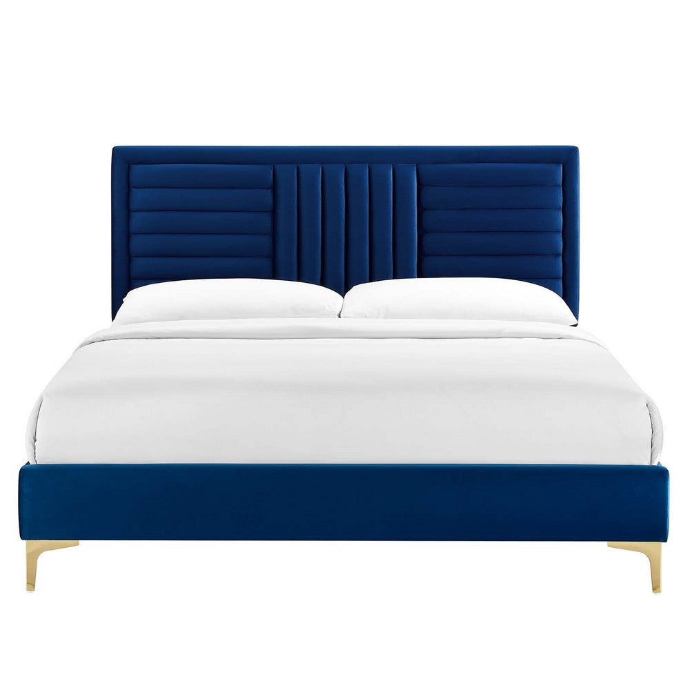 Modway Sofia Channel Tufted Performance Velvet Queen Platform Bed in Navy MDY-MOD-6979-NAV