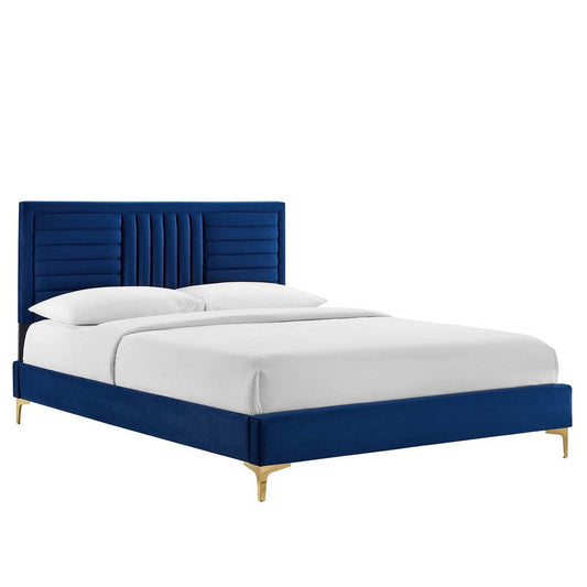 Modway Sofia Channel Tufted Performance Velvet Queen Platform Bed in Navy