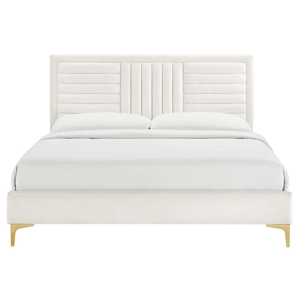 Modway Sofia Channel Tufted Performance Velvet Queen Platform Bed in White MDY-MOD-6979-WHI