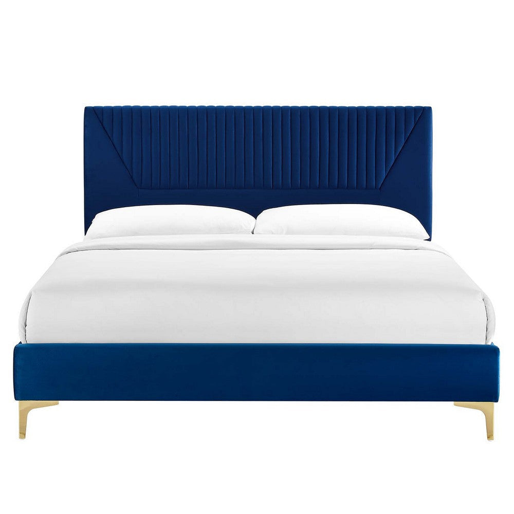 Modway Yasmine Channel Tufted Performance Velvet Queen Platform Bed in Navy MDY-MOD-6980-NAV