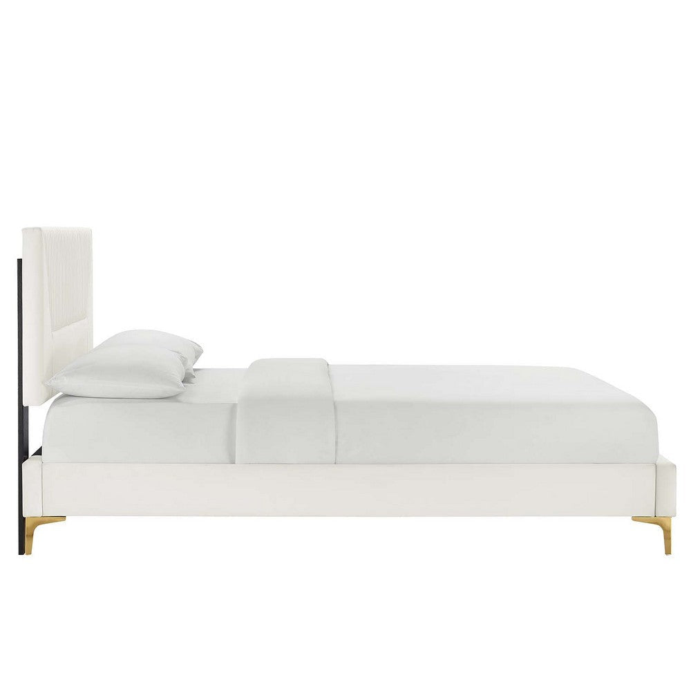 Modway Yasmine Channel Tufted Performance Velvet Queen Platform Bed in White MDY-MOD-6980-WHI