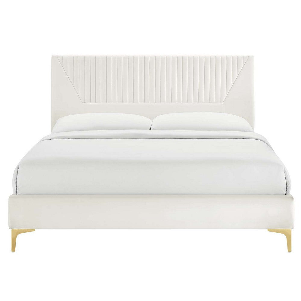 Modway Yasmine Channel Tufted Performance Velvet Queen Platform Bed in White MDY-MOD-6980-WHI