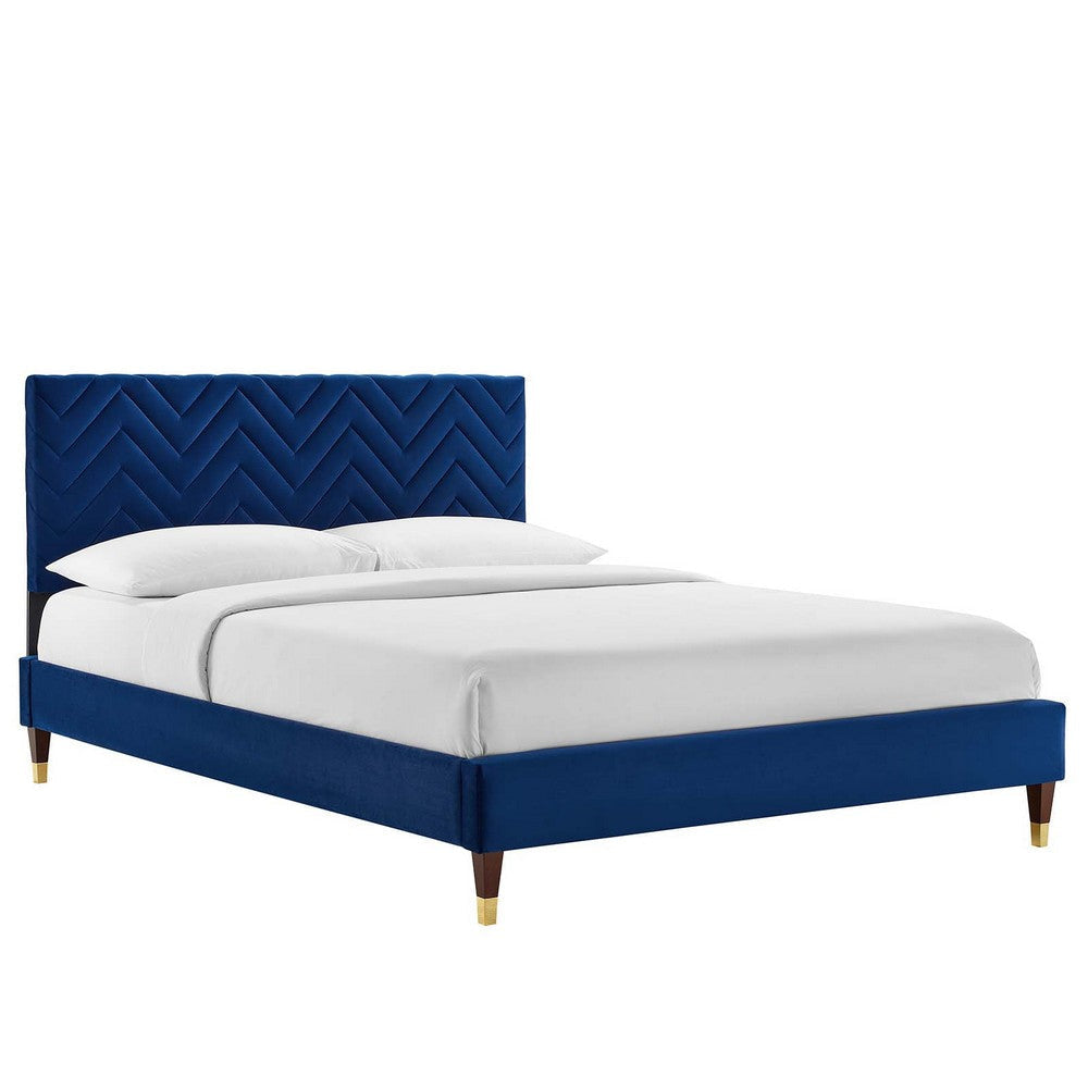 Modway MOD-6981-NAV Leah Chevron Tufted Performance Velvet Twin Platform Bed, Navy