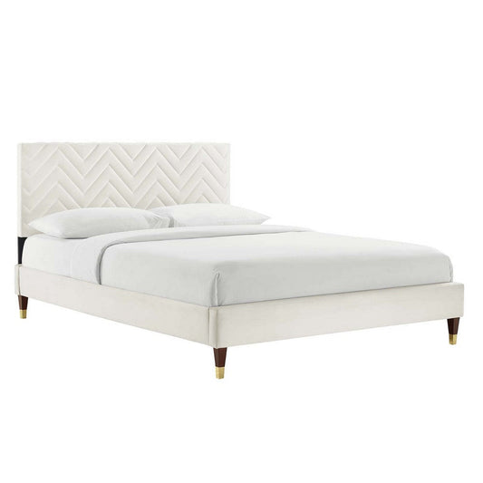 Modway MOD-6981-WHI Leah Chevron Tufted Performance Velvet Twin Platform Bed, White