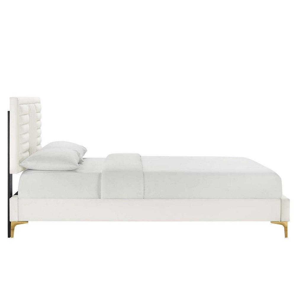 Modway Sofia Channel Tufted Performance Velvet Twin Platform Bed in White MDY-MOD-6991-WHI