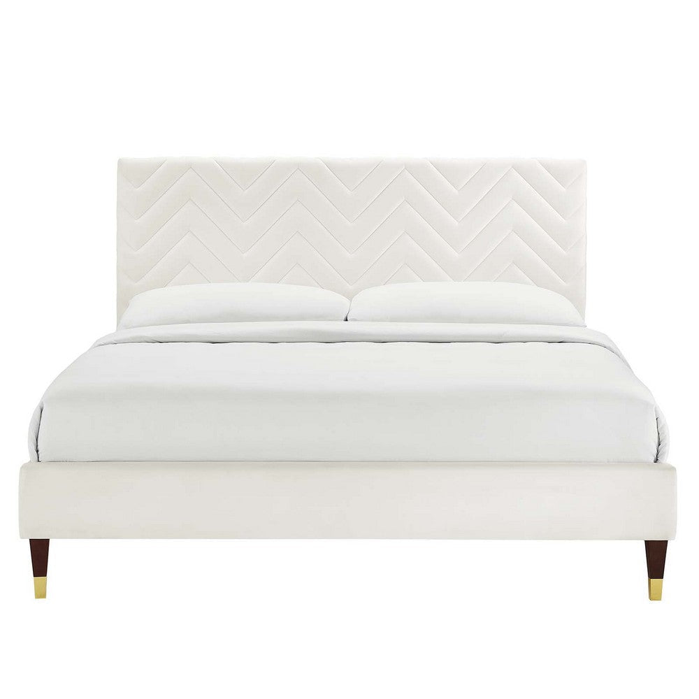 Modway MOD-7005-WHI Leah Chevron Tufted Performance Velvet King Platform Bed White MDY-MOD-7005-WHI