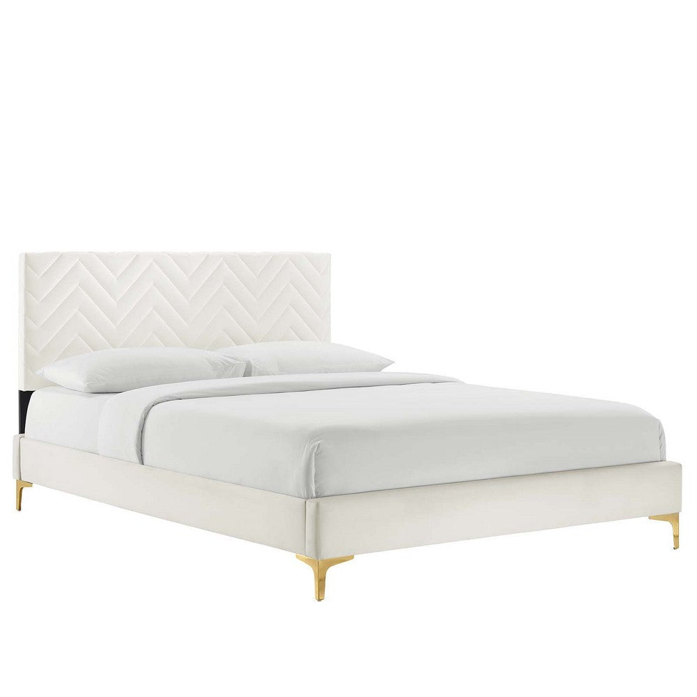 Modway MOD-7013-WHI Leah Chevron Tufted Performance Velvet King Platform Bed, White