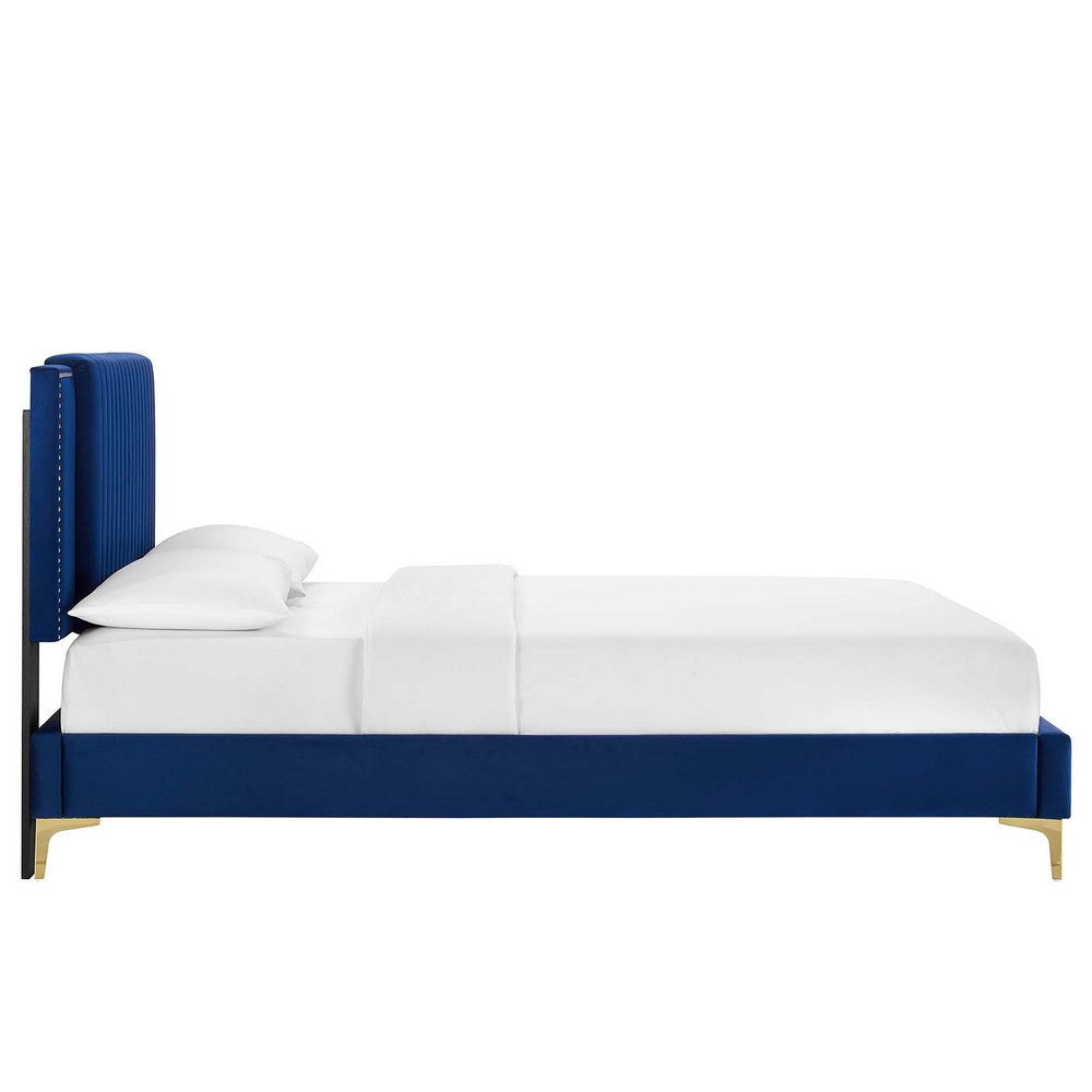 Modway Zahra Channel Tufted Performance Velvet King Platform Bed in Navy MDY-MOD-7014-NAV