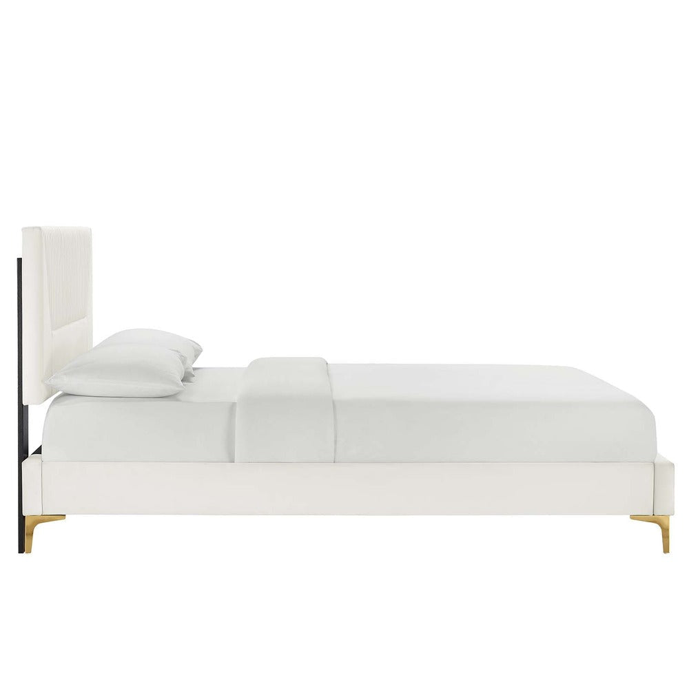 Modway Yasmine Channel Tufted Performance Velvet King Platform Bed in White MDY-MOD-7016-WHI