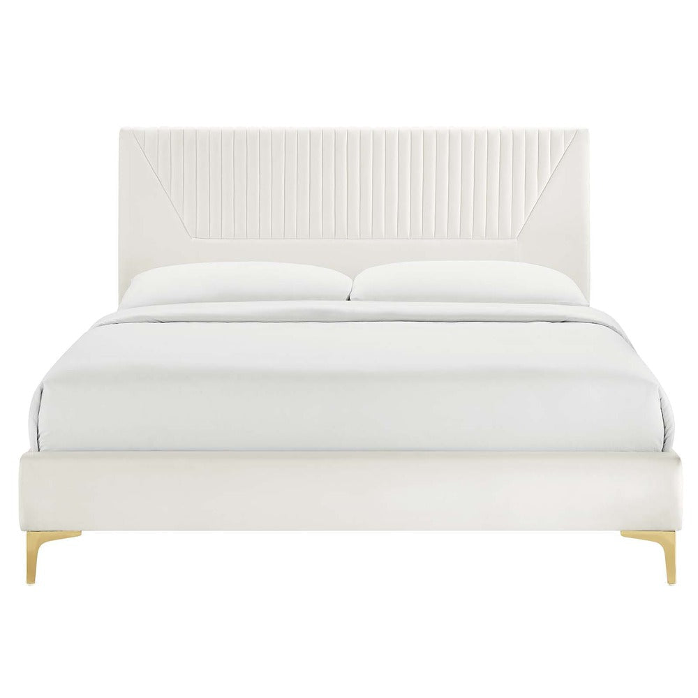 Modway Yasmine Channel Tufted Performance Velvet King Platform Bed in White MDY-MOD-7016-WHI