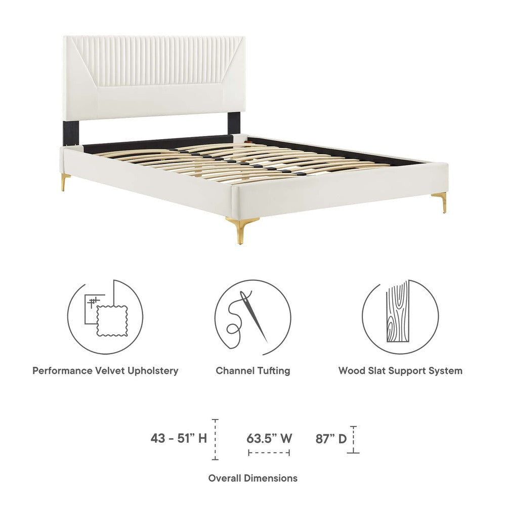 Modway Yasmine Channel Tufted Performance Velvet King Platform Bed in White MDY-MOD-7016-WHI