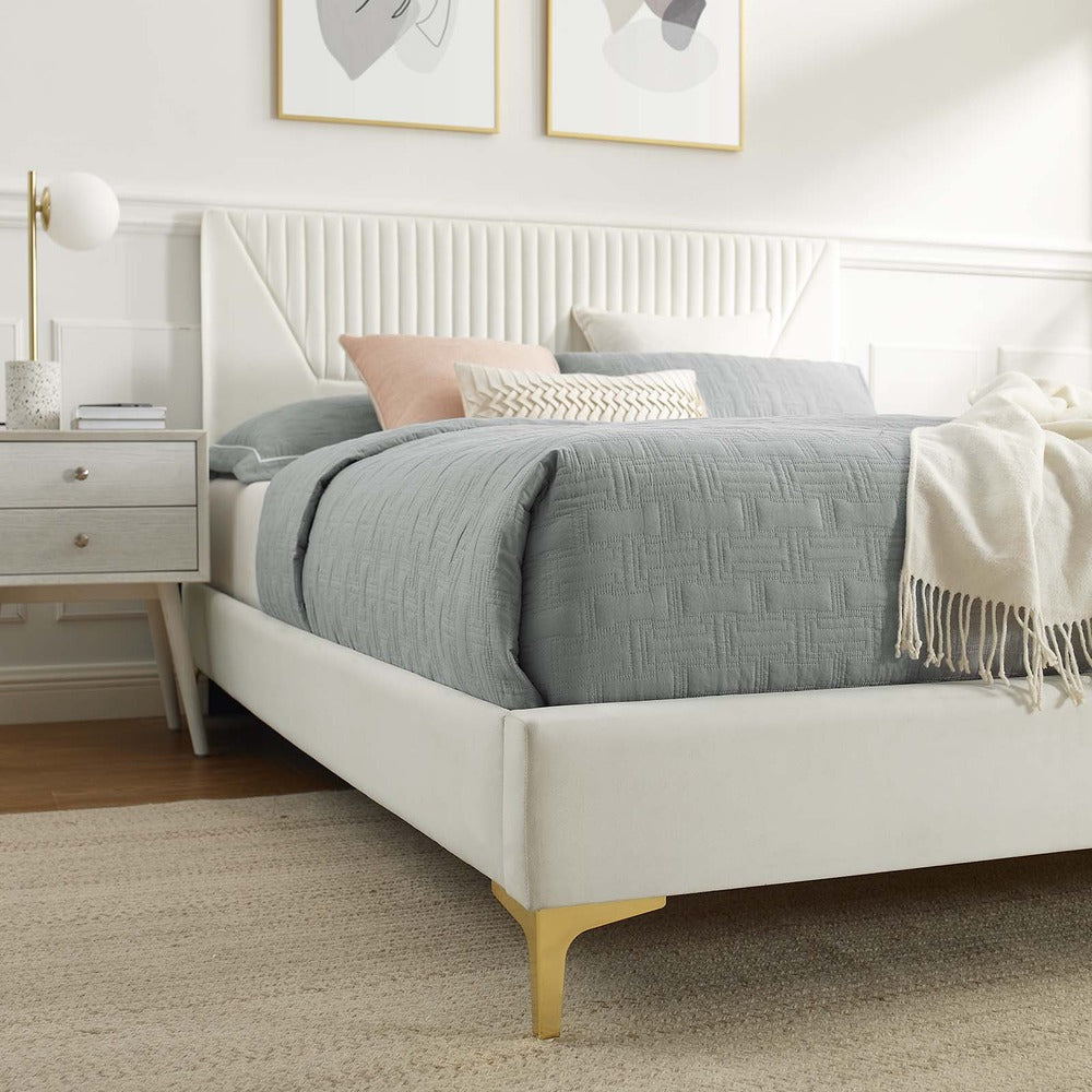 Modway Yasmine Channel Tufted Performance Velvet King Platform Bed in White MDY-MOD-7016-WHI