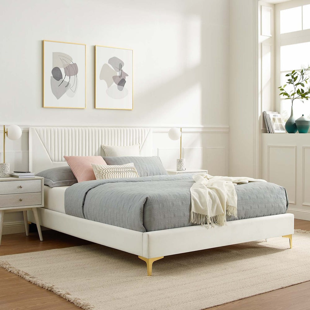 Modway Yasmine Channel Tufted Performance Velvet King Platform Bed in White