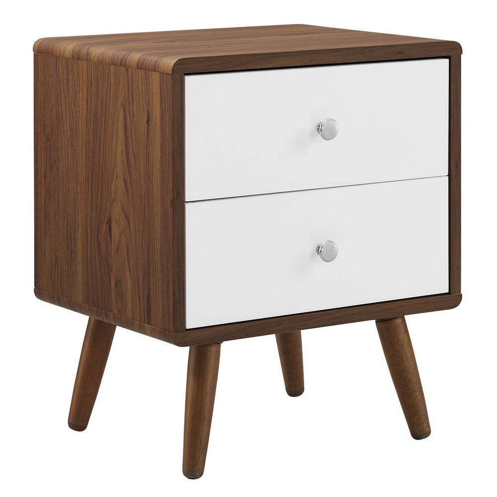 Modway Transmit Mid-Century Modern Wood Walnut White, 2-Drawer Nightstand