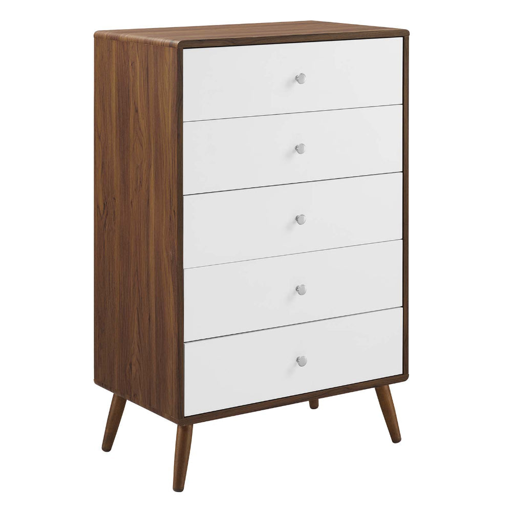 Modway Transmit Mid-Century Modern Wood Walnut White, 5-Drawer Chest