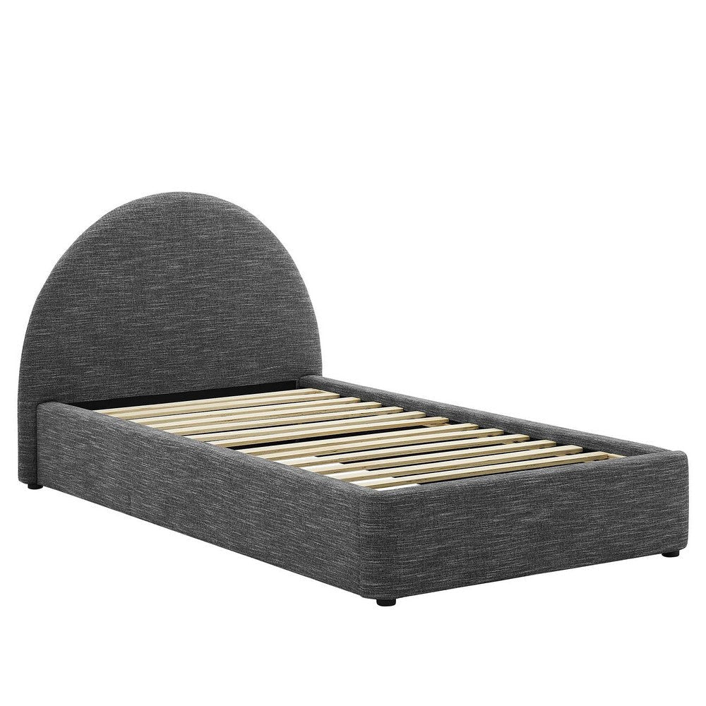 Modway Resort Twin Size Platform Bed with Arch Shaped Round Headboard in Heathered Weave Slate Woven Heathered Fabric Upholstery Soft Cloud