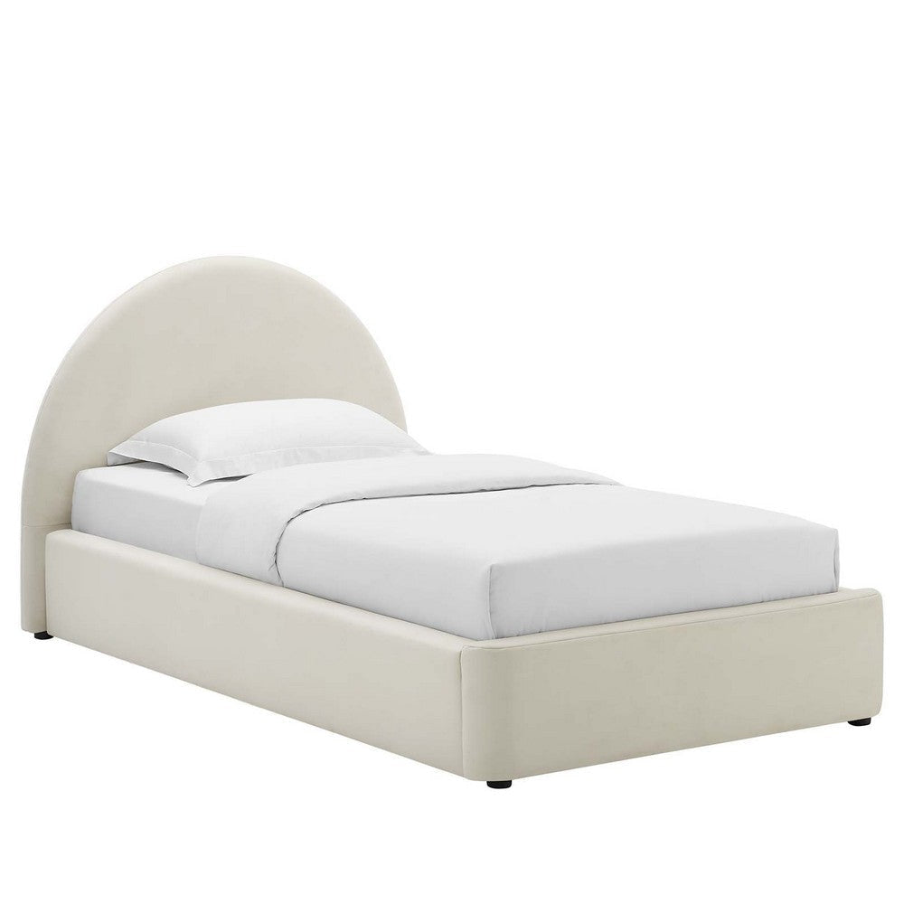 Modway Resort Twin Size Platform Bed with Arch Shaped Round Headboard in Alabaster, Upholstered Bed Frameain-Resistant Performance Velvet, Soft Cloud Bed Frame, No Box Spring Needed