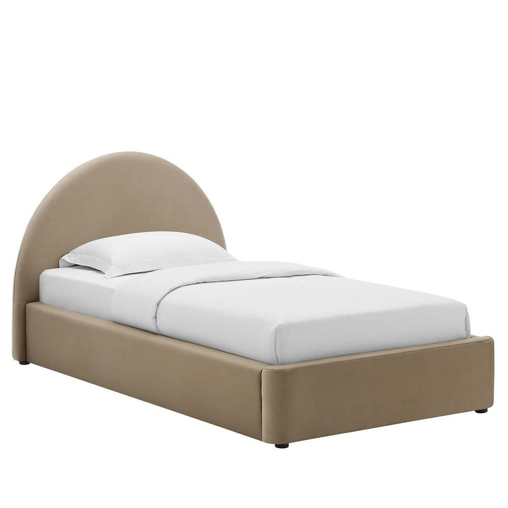 Modway Resort Twin Size Platform Bed with Arch Shaped Round Headboard in Taupe, Upholstered Bed Frame, Stain-Resistant Performance Velvet, Soft Cloud Bed Frame, No Box Spring Needed, Strong Wood Slats