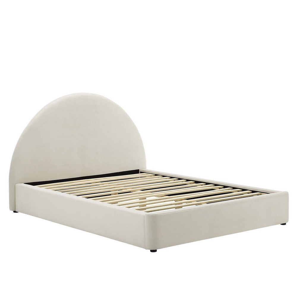 Modway Resort Full Size Platform Bed with Arch Shaped Round Headboard in Alabaster Upholstered Velvet Bed Frameain-Resistant Performance