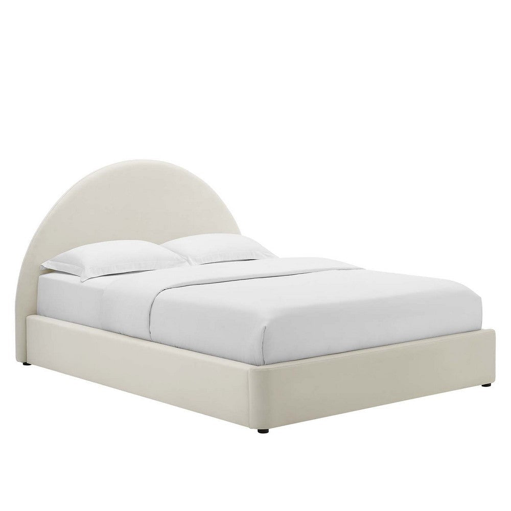 Modway Resort Full Size Platform Bed with Arch Shaped Round Headboard in Alabaster, Upholstered Velvet Bed Frameain-Resistant Performance Velvet, Soft Cloud Bed Frame, No Box Spring Needed