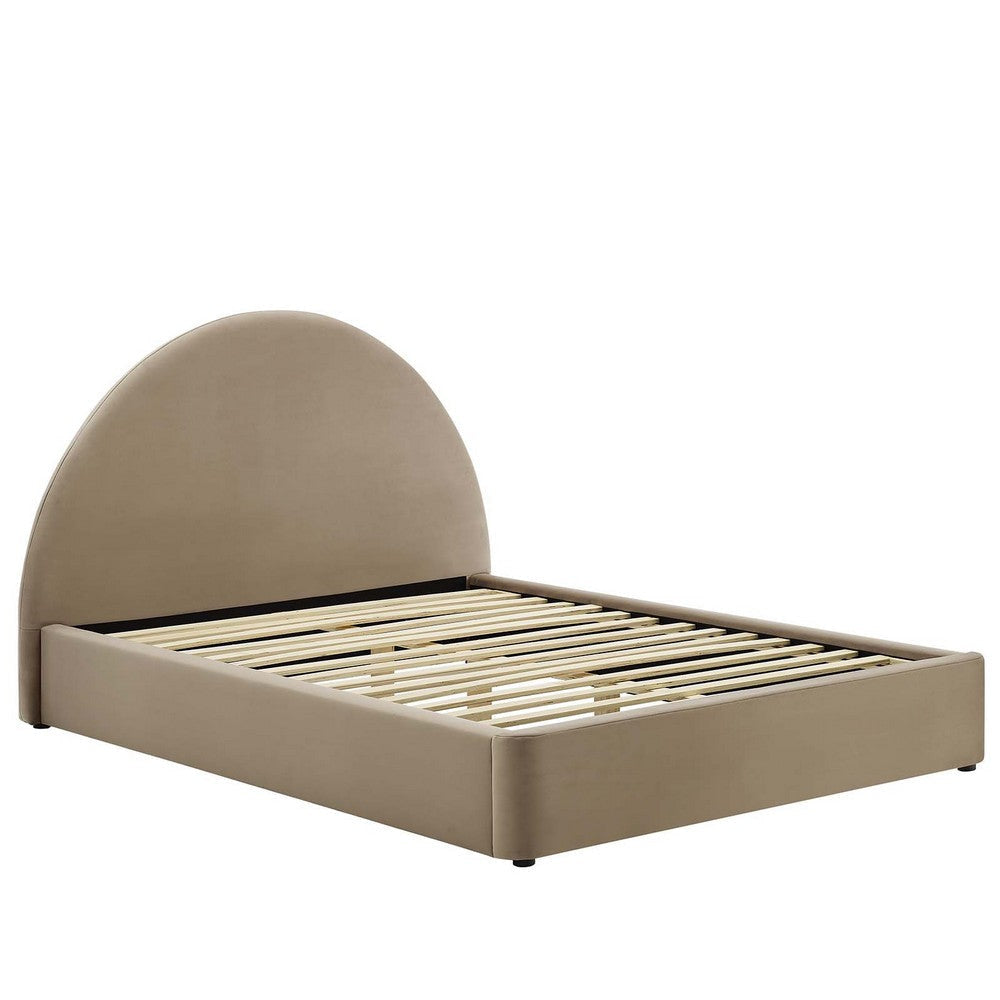 Modway Resort Full Size Platform Bed with Arch Shaped Round Headboard in Taupe Upholstered Velvet Bed Frameain-Resistant Performance Velvet