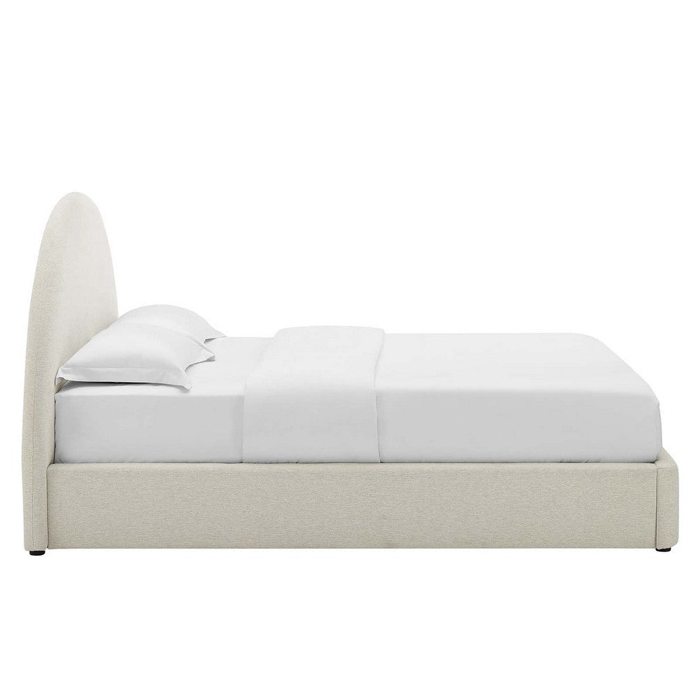 Modway Resort Queen Size Platform Bed with Arch Shaped Round Headboard in Heathered Weave Ivory Woven Heathered Fabric Upholstery Soft