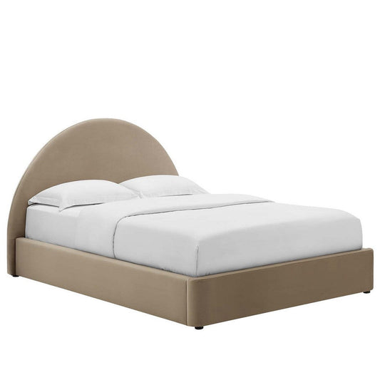 Modway Resort Queen Size Platform Bed with Arch Shaped Round Headboard in Taupe, Upholstered Velvet Bed Frameain-Resistant Performance Velvet, Soft Cloud Bed Frame, No Box Spring Needed