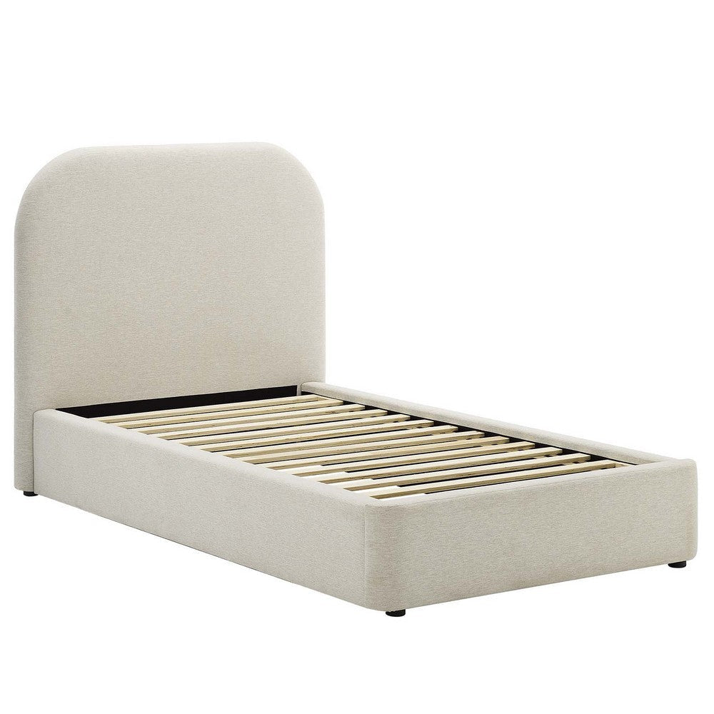 Modway Keynote Modern Bed Frame Twin Size with Curve Shaped Headboard in Heathered Weave Ivory Woven Heathered Fabric Upholstery Twin Size