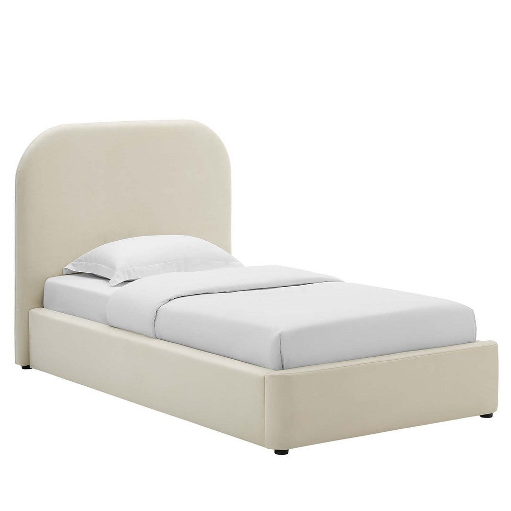 Modway Keynote Modern Bed Frame, Twin Size with Curve Shaped Headboard in Alabaster, Performance Velvet Upholstered Bed Frame, Twin Size Platform Bed, Soft Cloud Bed Frame, No Box Spring Needed