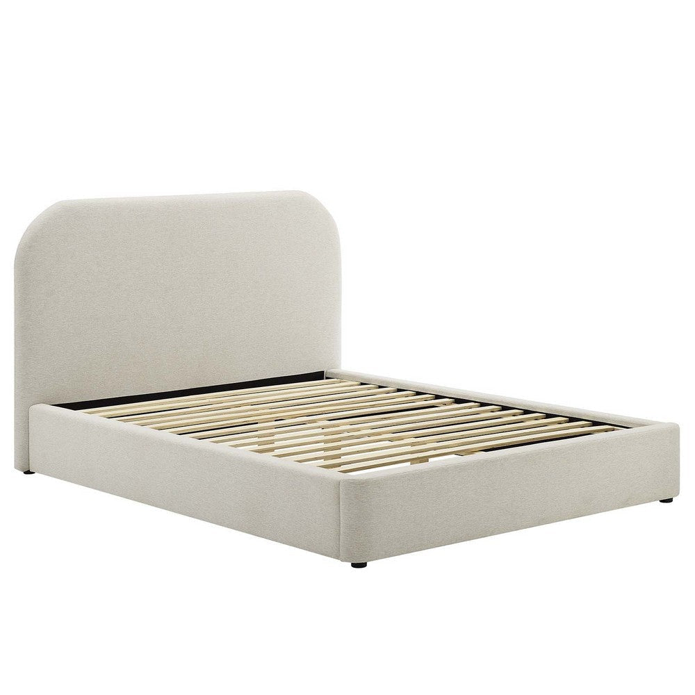 Modway Keynote Modern Full Bed Frame with Curve Shaped Headboard in Heathered Weave Ivory Woven Heathered Fabric Upholstery Full Size