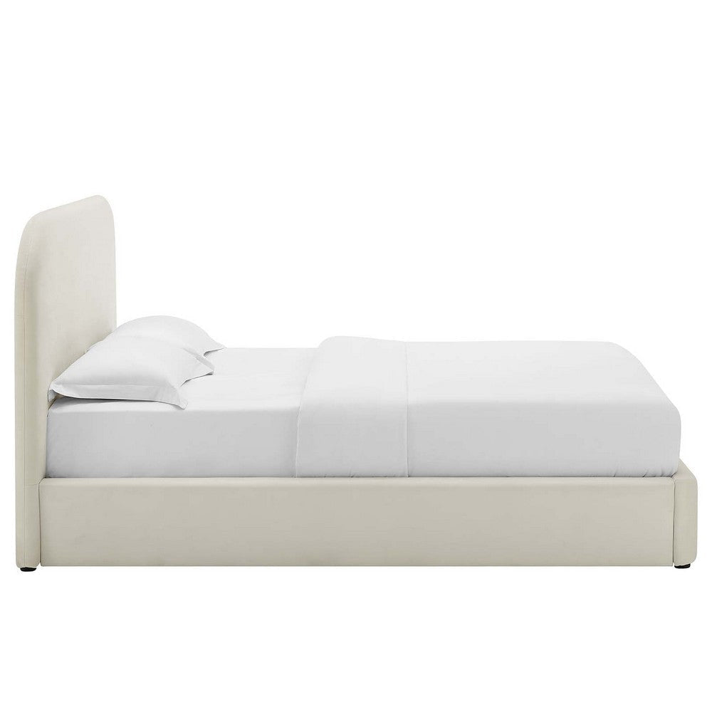 Modway Keynote Modern Full Bed Frame with Curve Shaped Headboard in Alabaster Upholstered in Performance Velvet Full Size Platform Bed Soft