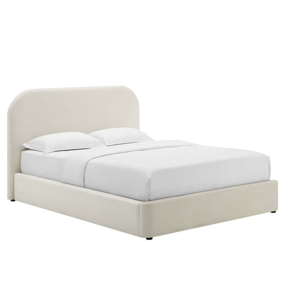 Modway Keynote Modern Queen Bed Frame with Curve Shaped Headboard in Alabaster, Upholstered in Performance Velvet, Queen Size Platform Bedain-Resistant Velvet Bed, Soft Cloud Bed Frame