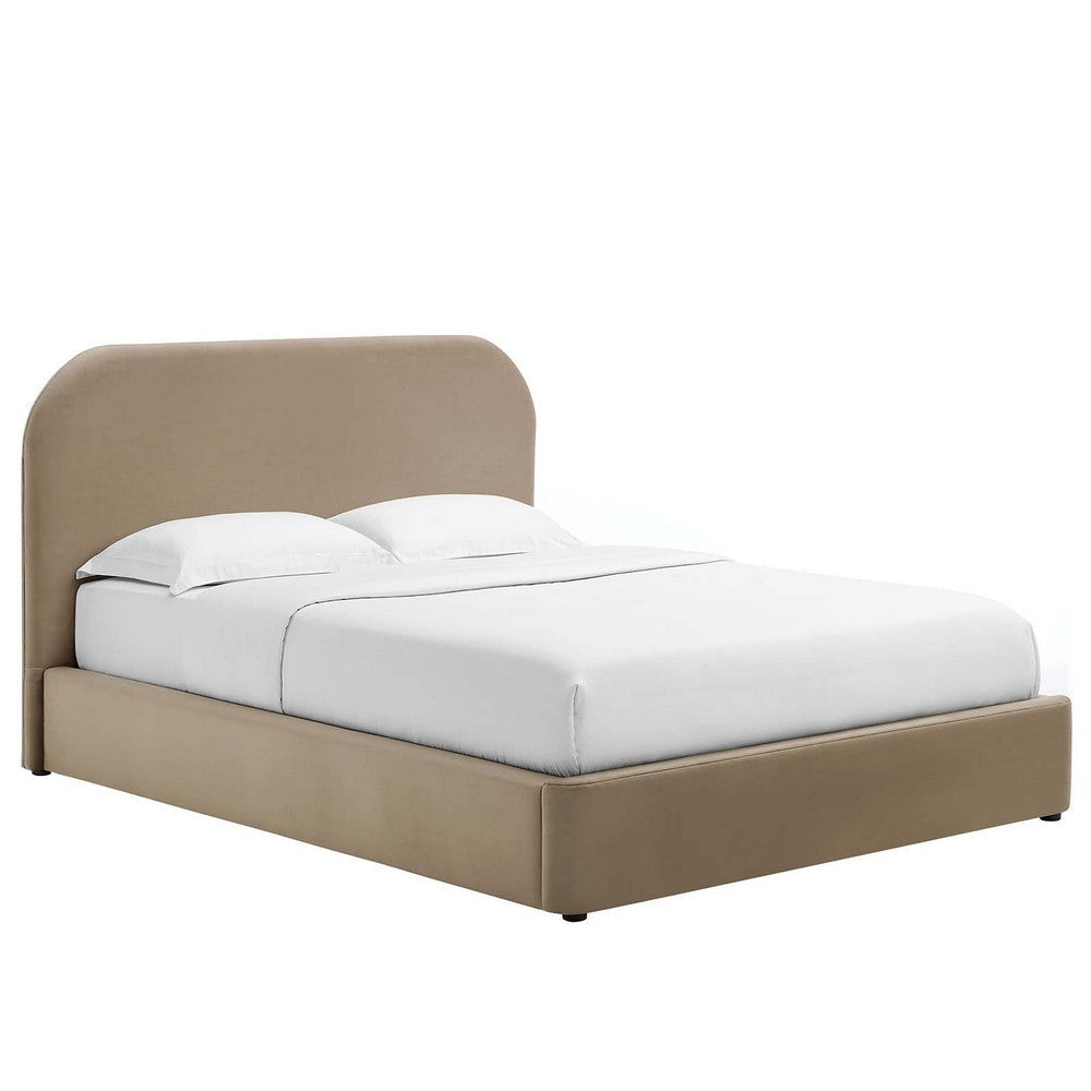 Modway Keynote Modern Queen Bed Frame with Curve Shaped Headboard in Taupe, Upholstered in Performance Velvet, Queen Size Platform Bedain-Resistant Velvet Bed, Soft Cloud Bed Frame