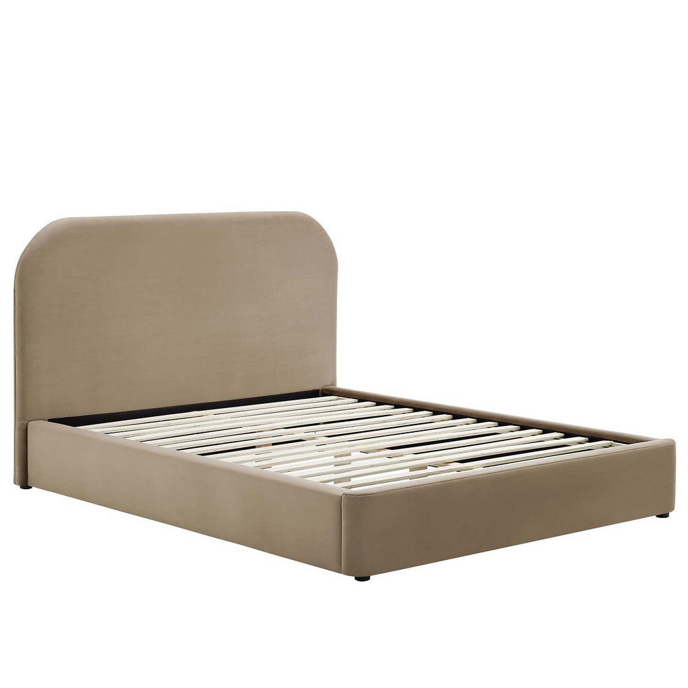 Modway Keynote Modern Queen Bed Frame with Curve Shaped Headboard in Taupe Upholstered in Performance Velvet Queen Size Platform