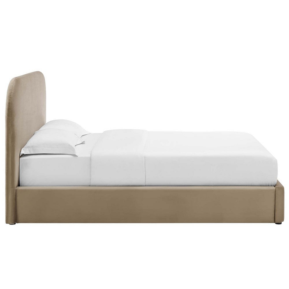 Modway Keynote Modern Queen Bed Frame with Curve Shaped Headboard in Taupe Upholstered in Performance Velvet Queen Size Platform