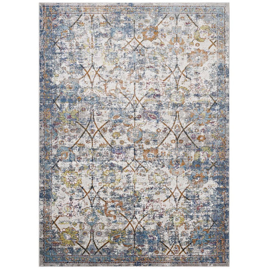 Modway Minu Distressed Floral Lattice 8x10 Area Rug in Light Blue, Yellow and Orange