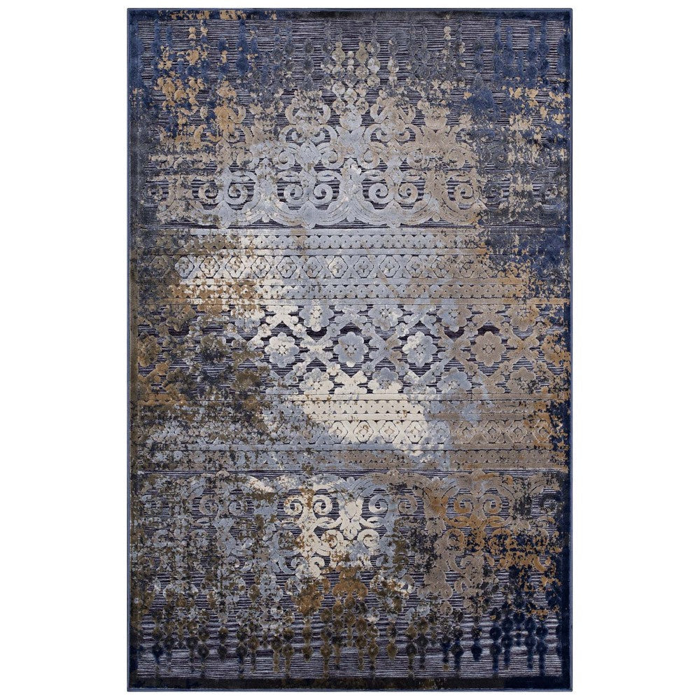 Modway Kalene Distressed Vintage Turkish 5x8 Area Rug in Blue, Rust and Cream