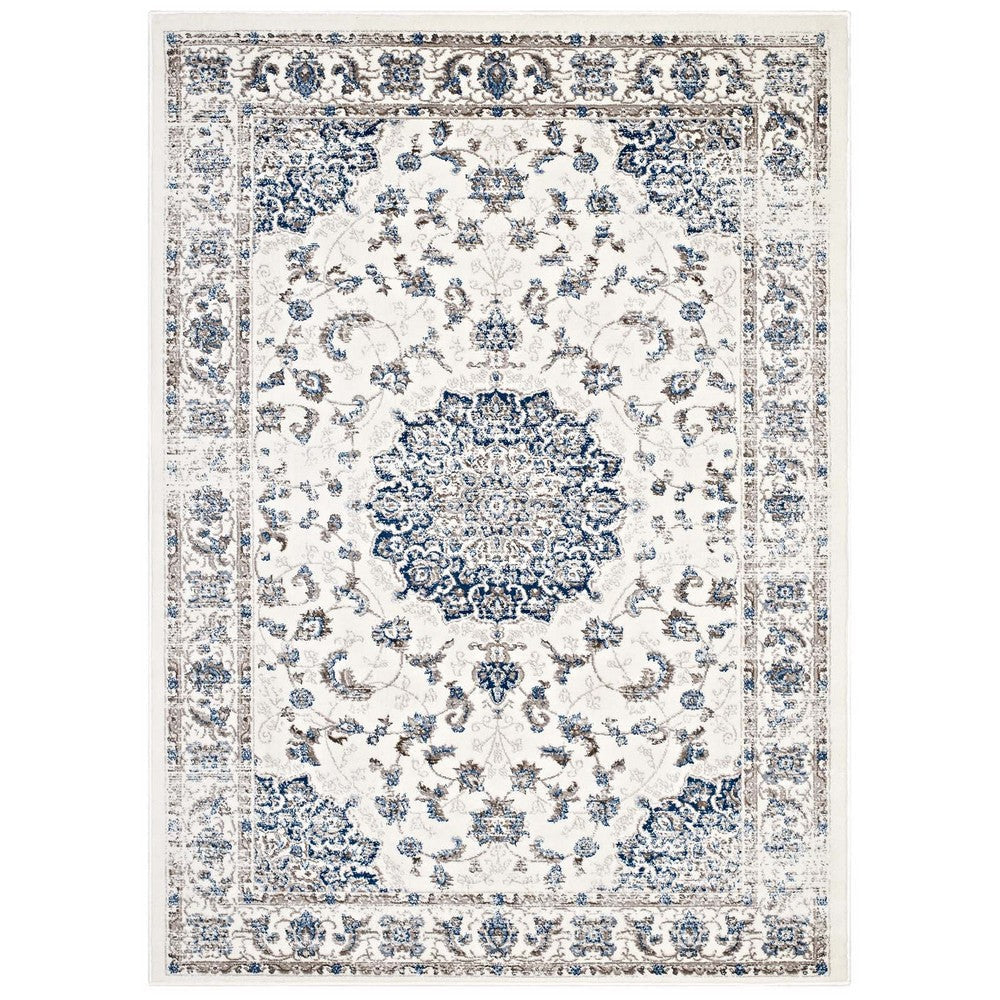 Modway Lilja Distressed Vintage Persian Medallion 5x8 Area Rug In Ivory and Moroccan Blue