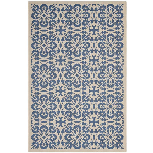 Modway Ariana Vintage Floral Trellis 5x8 Indoor and Outdoor In Blue and Beige