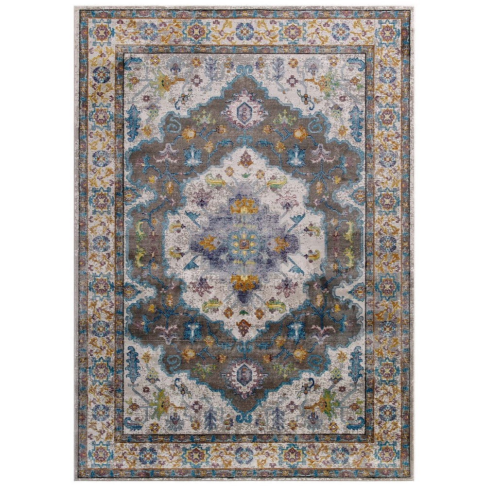 Modway Success Anisah Distressed Floral Vintage 8x10 Area Rug in Gray, Ivory, Yellow, Orange