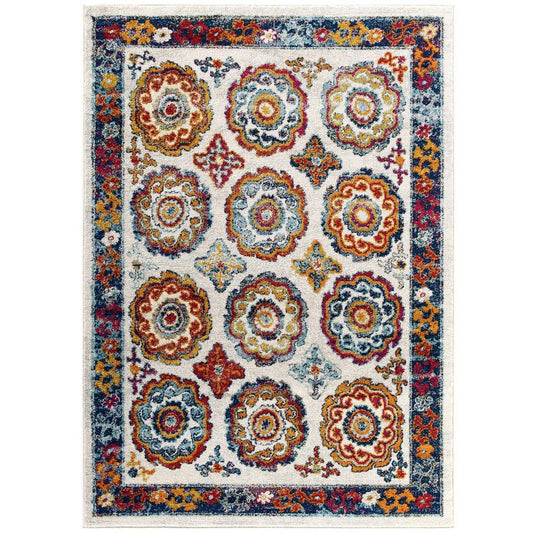 Modway Entourage Odile Transitional Distressed Vintage Floral Moroccan Trellis 5x8 Area Rug, Ivory, Blue, Red, Orange, Yellow