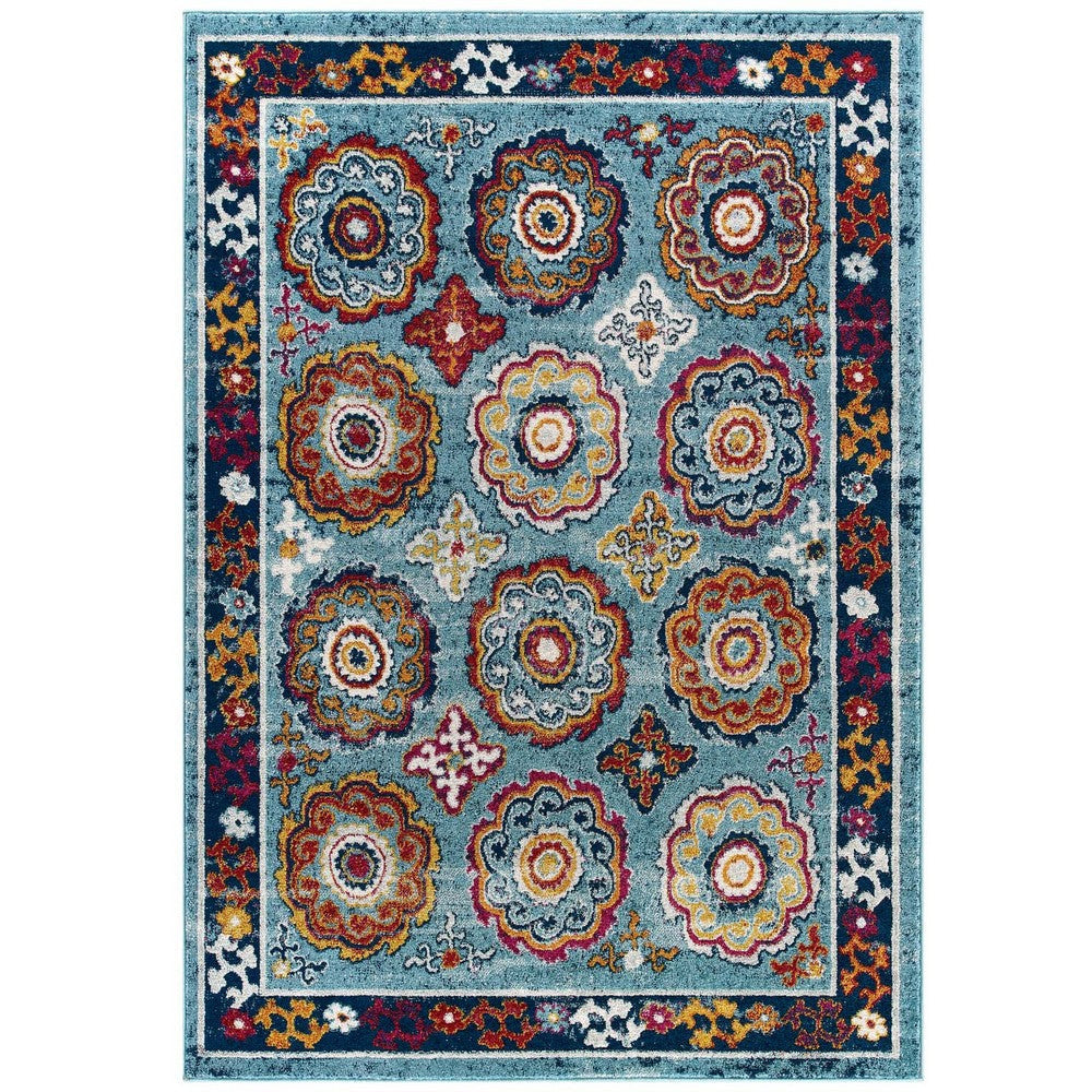 Modway Entourage Odile Transitional Distressed Vintage Floral Moroccan Trellis 5x8 Area Rug, Blue, Red, Orange Yellow