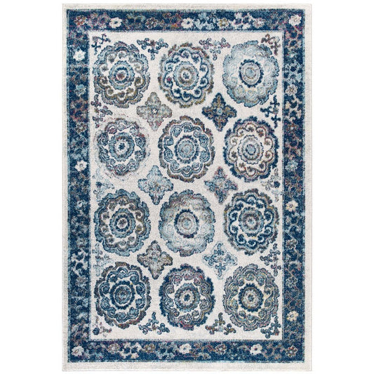 Modway Entourage Odile Transitional Distressed Vintage Floral Moroccan Trellis 5x8 Area Rug, Ivory and Blue