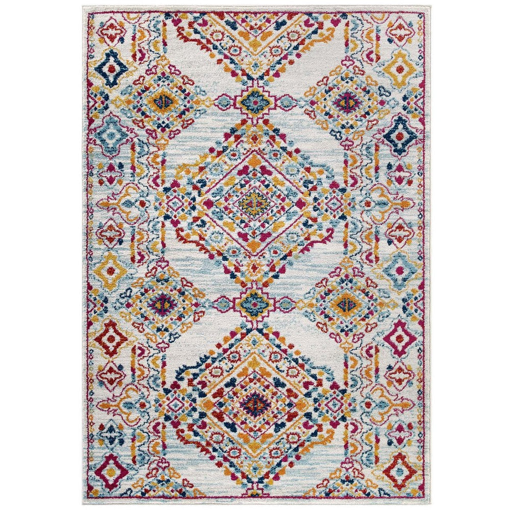 Modway Entourage Khalida Distressed Vintage Floral Lattice 5x8 Area Rug, Ivory, Blue, Orange, Yellow, Red