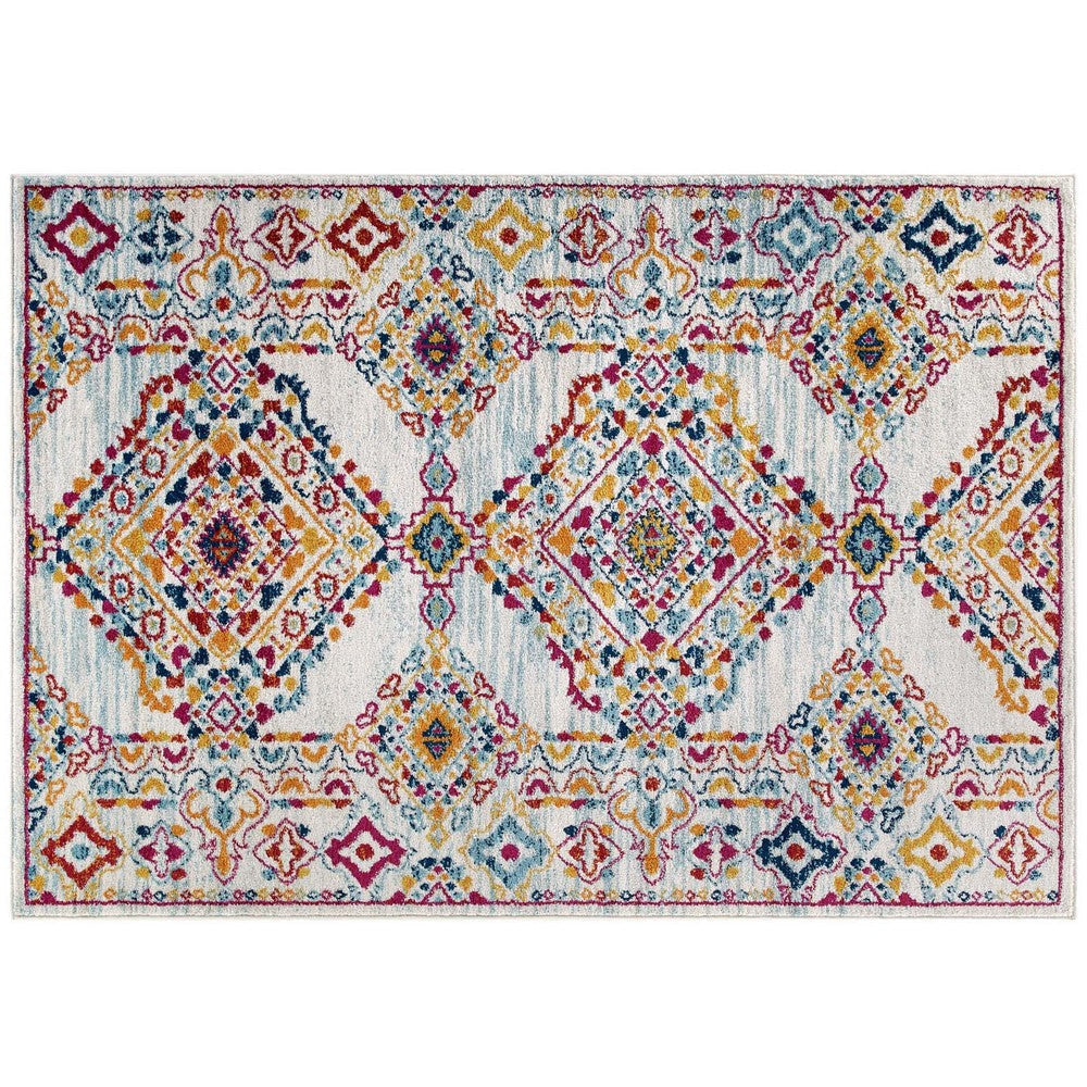 Modway Entourage Khalida Distressed Vintage Floral Lattice 8x10 Area Rug, Ivory, Blue, Orange, Yellow, Red