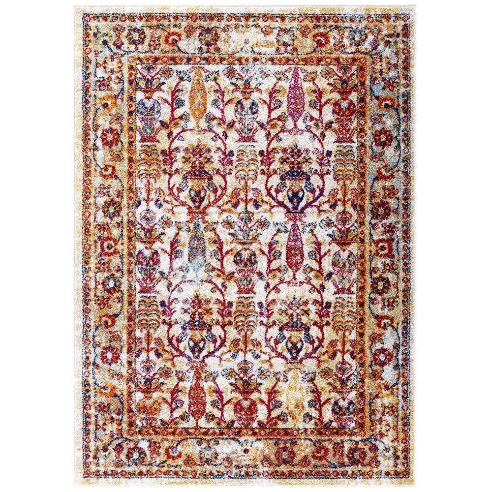 Modway Entourage Jessa Distressed Vintage Floral Lattice 5x8 Area Rug, Ivory, Blue, Orange, Yellow, Red