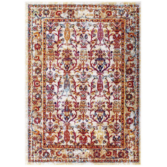 Modway Entourage Jessa Distressed Vintage Floral Lattice 5x8 Area Rug, Ivory, Blue, Orange, Yellow, Red