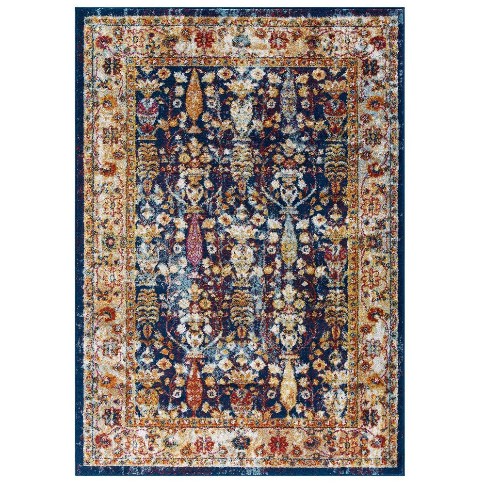 Modway Entourage Jessa Distressed Vintage Floral Lattice Area Rug, 5x8, Blue, Orange, Yellow, Red