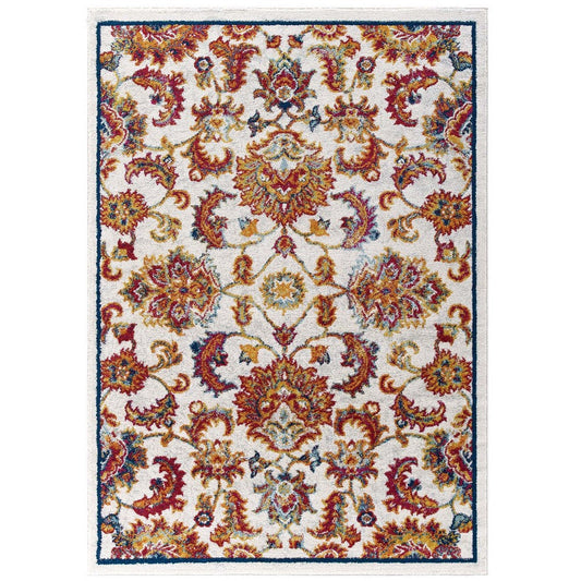 Modway Entourage Azami Distressed Vintage Floral Lattice 5x8 Area Rug, Ivory, Blue, Red, Orange, Yellow