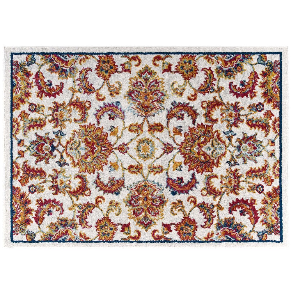 Modway Entourage Azami Distressed Vintage Floral Lattice 8x10 Area Rug, Ivory, Blue, Red, Orange, Yellow